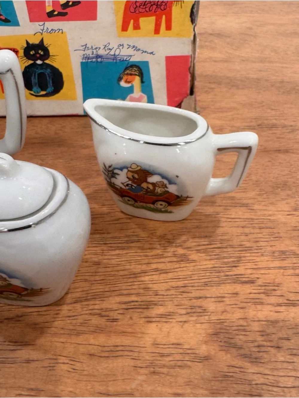 Vintage Children’s Ceramic Tea Set Bunny In A Racecar 13 Piece 1940s New Chip